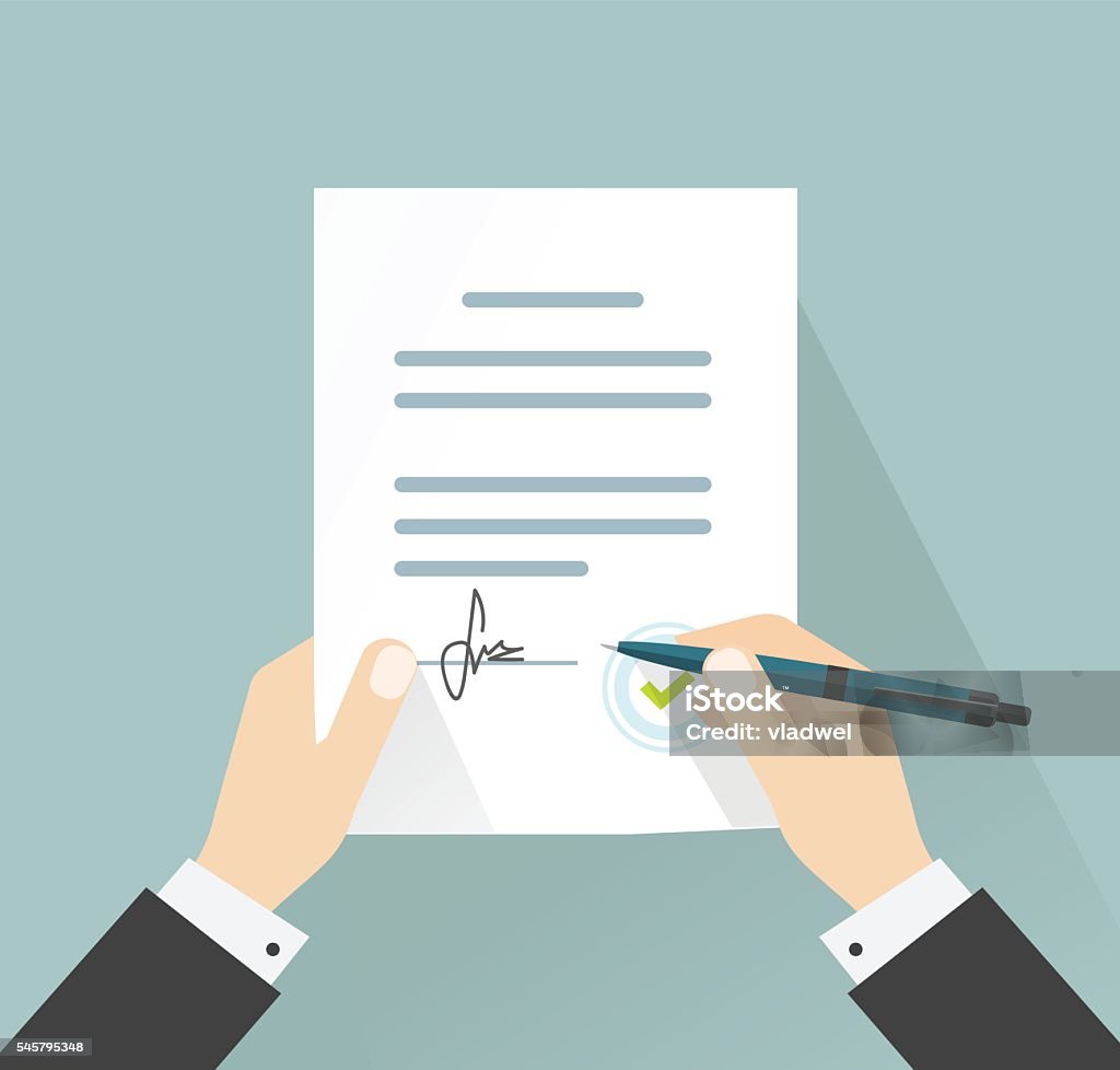 Businessman signing document vector, hands holding contract signed legal agreement Businessman signing document vector illustration, man hands holding contract signed and pen, legal agreement with signature and stamp top view, flat cartoon design Signing stock vector