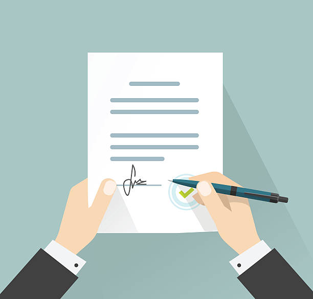 Businessman signing document vector, hands holding contract signed legal agreement Businessman signing document vector illustration, man hands holding contract signed and pen, legal agreement with signature and stamp top view, flat cartoon design seal stamp illustrations stock illustrations