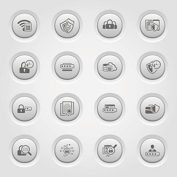ilustrações de stock, clip art, desenhos animados e ícones de projeto de botão conjunto de ícones de segurança e protecção. - shield shielding riot shield computer