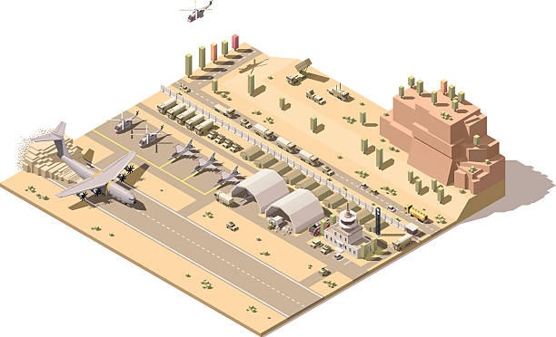 ilustraciones, imágenes clip art, dibujos animados e iconos de stock de mapa isométrico vectorial de la base aérea militar - ship of the desert