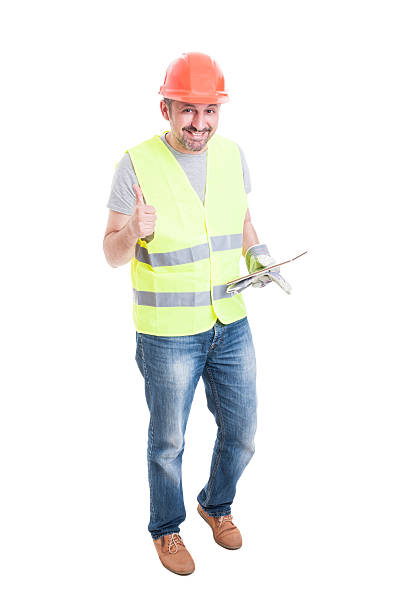 istock Cheerful male builder with tablet thumb up 545798112