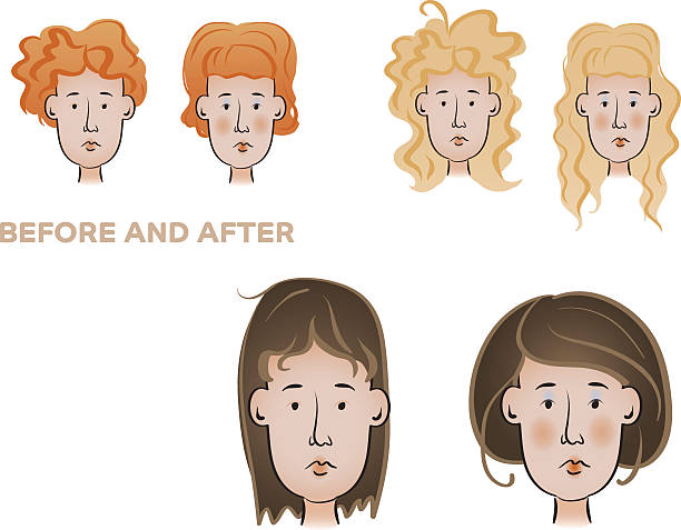 Makeover Vector isolated women before and after hairdo and makeup. Gradient and transparency were used to create this illustration teenage girl before and after make up stock illustrations
