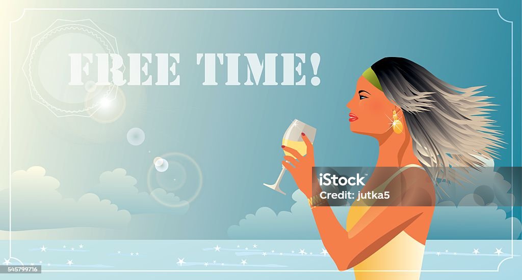 Free time at the sea Woman with a glass of wine resting on the sea Adult stock vector