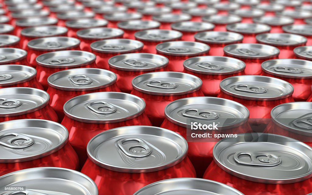 Drink Cans 3d render Red Drink Cans Depth of field (close-up) Cola Stock Photo
