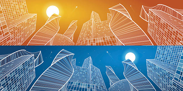 ilustrações, clipart, desenhos animados e ícones de construção de negócios, mega panorama dia e noite, arte urbana - city mega night built structure