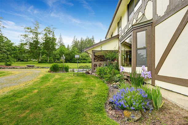 istock House exterior. View of landscape on front yard 545801104