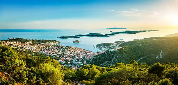 Hvar town on Hvar island with Pakleni islands, Dalmatia, Croatia at sunset. High resolution image, stitched from several Sony a7R II, photos.