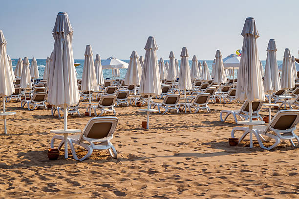 istock Umbrellas and beach chairs on empty beach. Turkey, Alanya 545803658