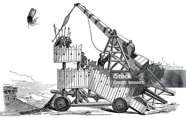 Catapulting A Barrel On Fire Stock Illustration - Download Image Now - Engraved Image, Engraving, Medieval