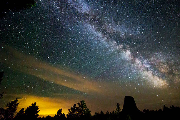 Night Sky Milky Way Galaxy at Devils Tower Monument stock photo
