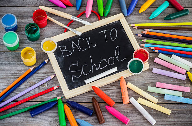 istock School supplies, crayons, pens, chalk 545807624