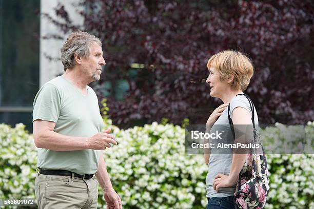 Senior Caucasian Couple Talking Outdoors In City Park Stock Photo - Download Image Now