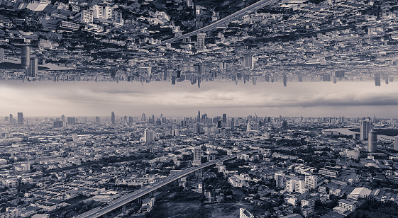 Photo of unreal cities that upside down to each other.