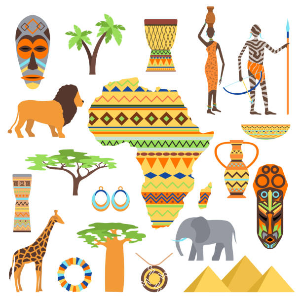 symbole afryki i zestaw wektorów podróży. - south african giraffe stock illustrations