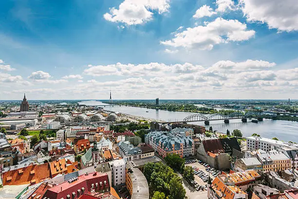 Riga city skyline with river Daugava.
