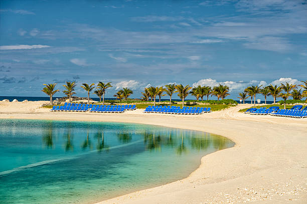 Great Stirrup Cay beach Beautiful bahamian beach with tropical plants of green palm trees blue clean atlantic ocean water and sandy coast in sunny summer weather in Great Stirrup Cay, Bahamas cay stock pictures, royalty-free photos & images
