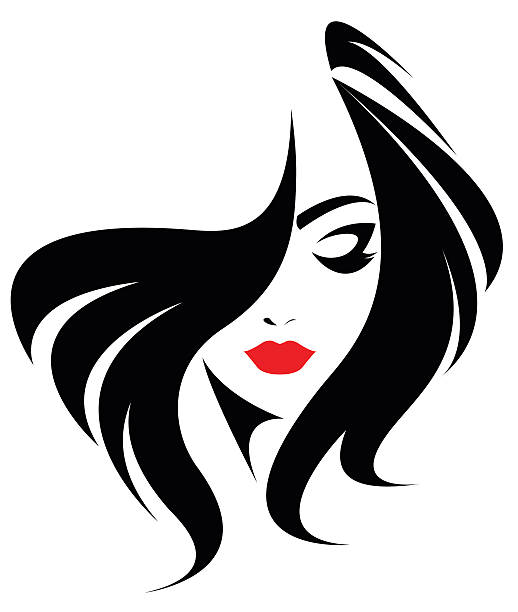 long hair style icon, logo women face long hair style icon, logo women face on white background, vector black hair illustrations stock illustrations