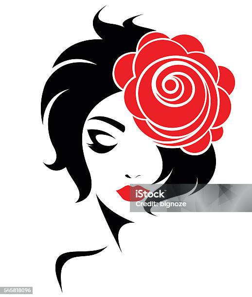 Short Hair Style Icon Logo Women Face With Rose Stock Illustration - Download Image Now - Abstract, Adult, Art