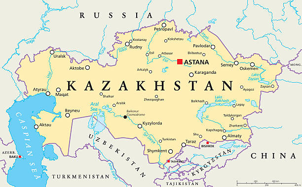 Kazakhstan Political Map Kazakhstan political map with capital Astana, national borders, important cities, rivers and lakes. Republic in Central Asia and the worlds largest landlocked country. English labeling. Illustration. spaceport stock illustrations