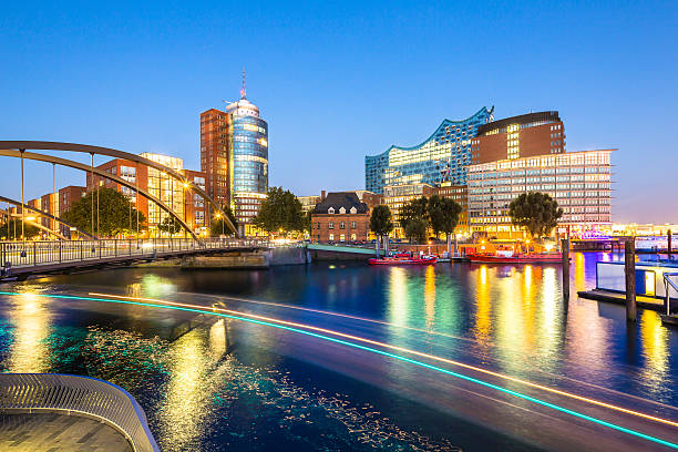 Kehrwiederspitze in the HafenCity of Hamburg I LOVE HAMBURG: Blue hour in the HafenCity  - Hamburg - Germany - Taken with Canon 5D mk3 / TS-E17 f/4 L elbphilharmonie photos stock pictures, royalty-free photos & images
