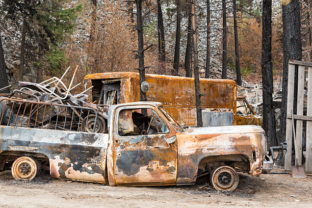 istock Burned automobiles destroyed by natural disaster fire wildfire 545987416