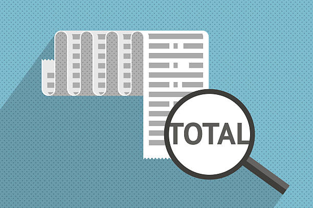 Receipt with total sum. Purchases and expenses Big receipt and magnifier at total sum. Purchases and expenses solvency stock illustrations