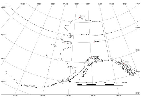 An outline of the state of Alaska with major cities and latitude and longitude identified to scale.  Derived from public domain U.S. government cartographic data found at https://www.census.gov/geo/maps-data/data/cbf/cbf_state.html.  The map was projected in Alaska Albers map projection and output using Quantum GIS and the geospatial data abstraction library (GDAL).  The file was created on 7 July 2016, based on data published in March 2016.  