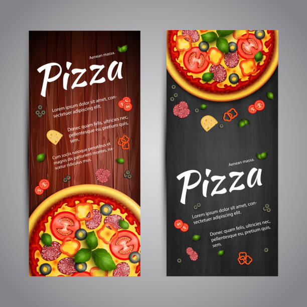 Two Realistic pizza vector flyer banners Realistic Pizza Pizzeria flyer vector background. Two vertical Pizza banners with ingredients and text on wooden background and blackboard pizzeria stock illustrations