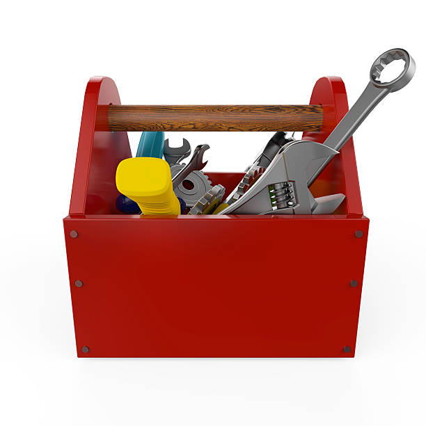 istock Red toolbox with tools. Sckrewdriver, hammer, handsaw and wrench. Under 545991274