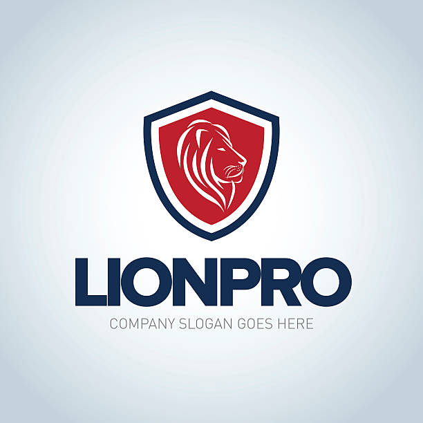 Lion emblem template. Side view Lion head shield emblem Lion head red and dark blue emblem template shooting guard stock illustrations