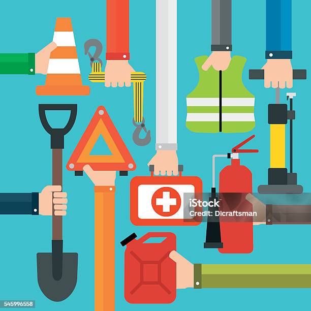 Emergency Car Equipment Design Flat Set Stock Illustration - Download Image Now - Fire Extinguisher, Bicycle Pump, Accidents and Disasters