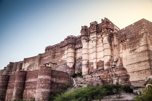 A view at a portion of Mehrangarh Fort in Jodhpur, India also known as the Blue City.