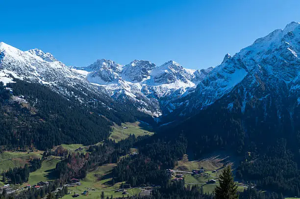 View on the alpine valley Wildental with snow in the spring season, Kleinwalstertal, Austria