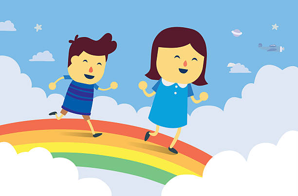 ilustraciones, imágenes clip art, dibujos animados e iconos de stock de niño y niña juegan a perseguir en el puente del arco iris - puente del arco iris