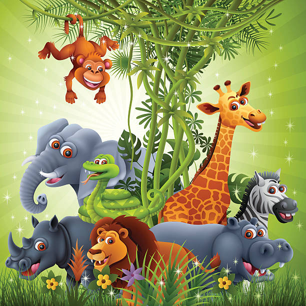 Jungle Animals Illustrator Vector EPS file (any size), High Resolution JPEG preview (5417 x 5417 px) and Transparent PNG (5417 x 5417 px) included. Each element is named, grouped and layered separately. Very easy to edit. safari animals cartoon stock illustrations