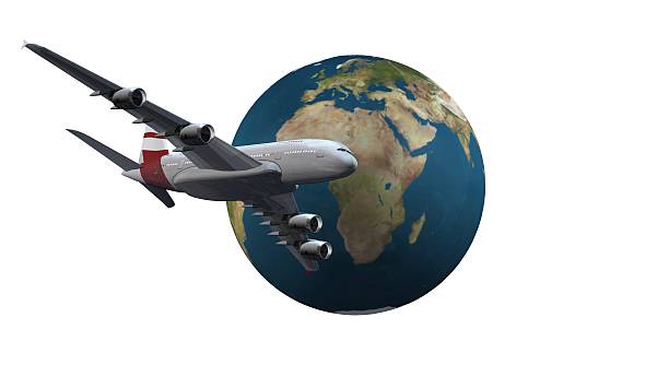 istock Airplane flies around the Earth - isolated on white 546000034