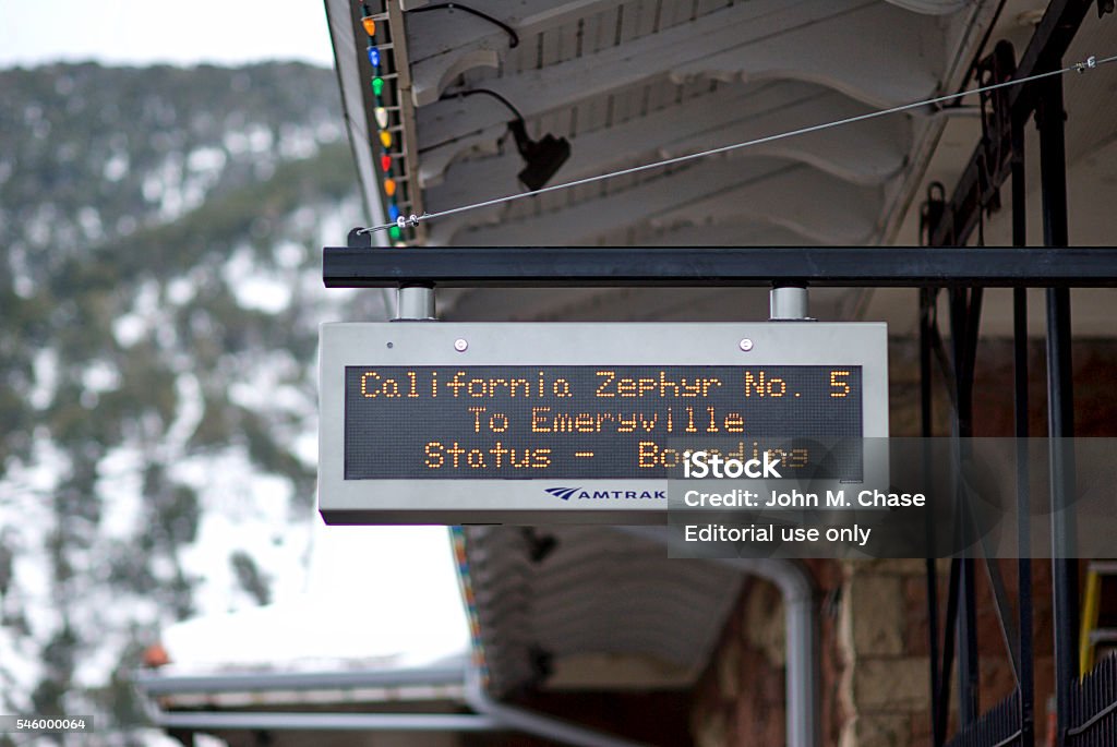 Close-up, Boarding Sign for Amtrak's "California Zephyr" Train Glenwood Springs, Colorado, USA - January 5, 2016: Close-up of an electronic boarding sign for Amtrak's westbound "California Zephyr" passenger train at the Glenwood Springs Amtrak station.  2016 Stock Photo