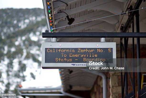 Closeup Boarding Sign For Amtraks California Zephyr Train Stock Photo - Download Image Now