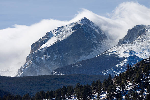 Winter storm clouds Hallett Peak Rocky Mountain National Park Colorado Curling over the peak, winter storm clouds blow over the snowy Hallett Peak and forests in Rocky Mountain National Park, Colorado. hallett peak stock pictures, royalty-free photos & images