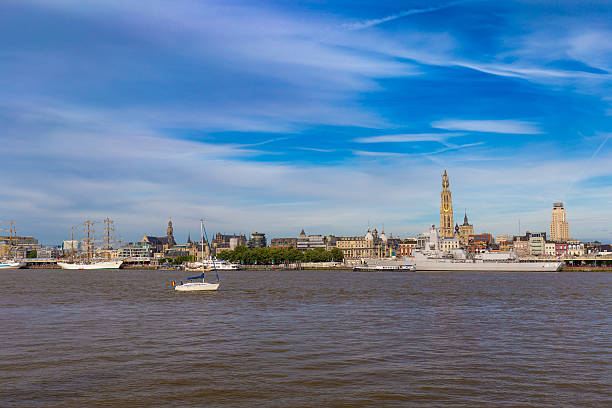 Antwerp, Belgium - July 9, 2016: Cityline of Antwerp riverside Schelde seen during The Tall Ships Race 2016 event
