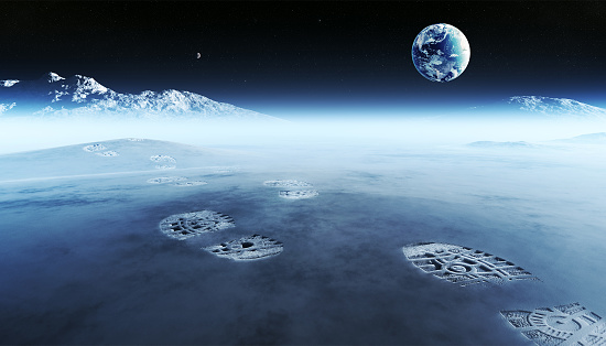 Conceptual artwork of mankind exploring space and alien planets. Footprints are the evidence left behind with the view of earth in distant space ( Elements of this 3D render furnished by NASA )