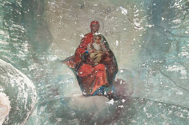Ceiling painting on religious themes in an abandoned ancient temple