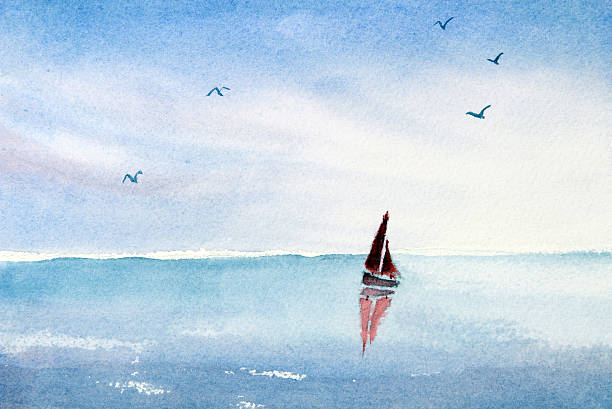 ilustrações, clipart, desenhos animados e ícones de barco de vela de pintura de aquarela em um oceano ou lago - sailboat nautical vessel lake sea