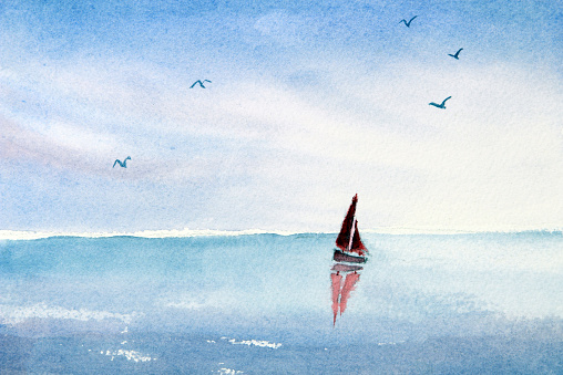 Watercolor painted scene of a single red sail boat on a turquoise blue ocean or lake. Sea gulls are flying above.