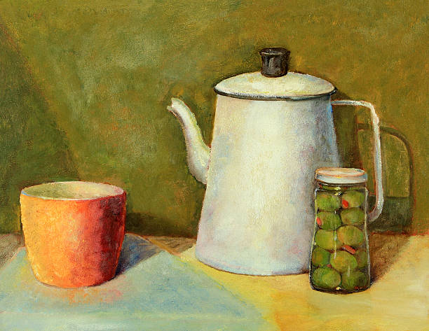 Oil painting still life of a coffee pot, cup, jar Original oil painting still life with an old enamel coffee pot, an orange cup and a jar of stuffed green olives. still life stock illustrations