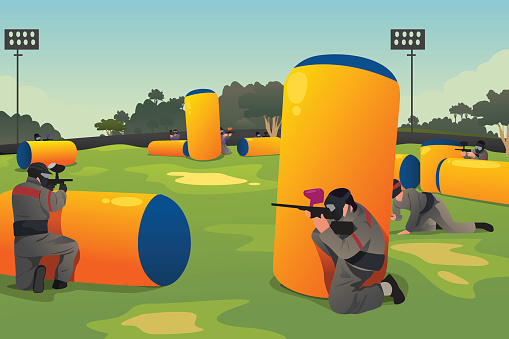 A vector illustration of people playing paintball