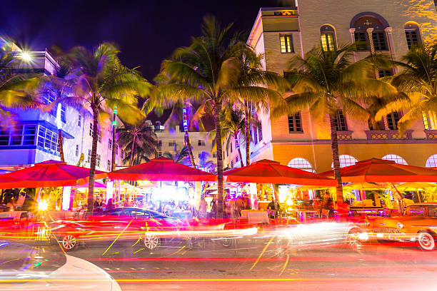 Ocean Drive scene in South Beach at night, Miami, USA. stock photo