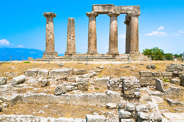 The Temple of Apollo in Corinth Ruined Ancient Temple five columns stock pictures, royalty-free photos & images