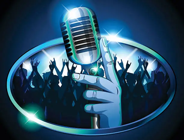 Vector illustration of Hand holding Retro Mic/ Microphone in front of huge crowd