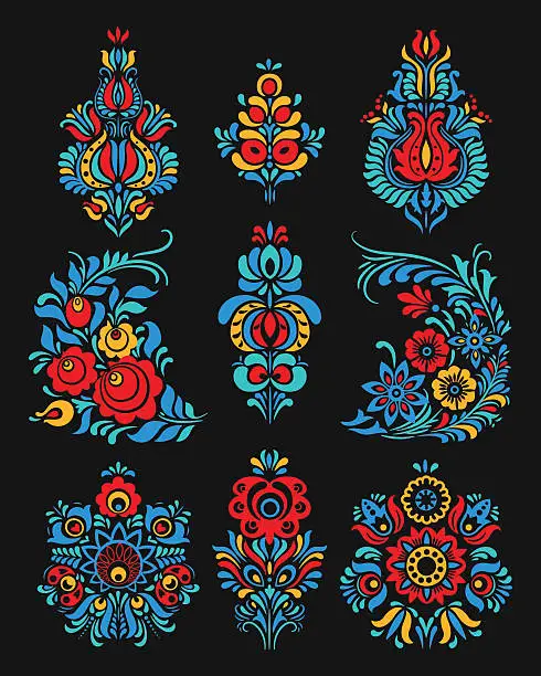Vector illustration of Vector set of flowers and floral composition in Russian Style